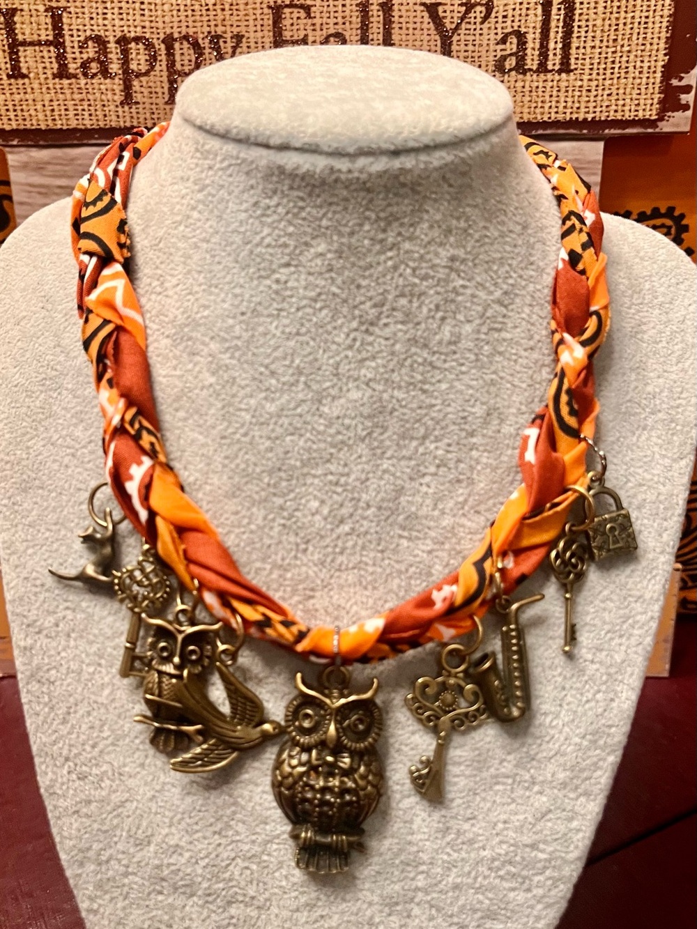 Boho Owl Charm Braided Necklace - Orange